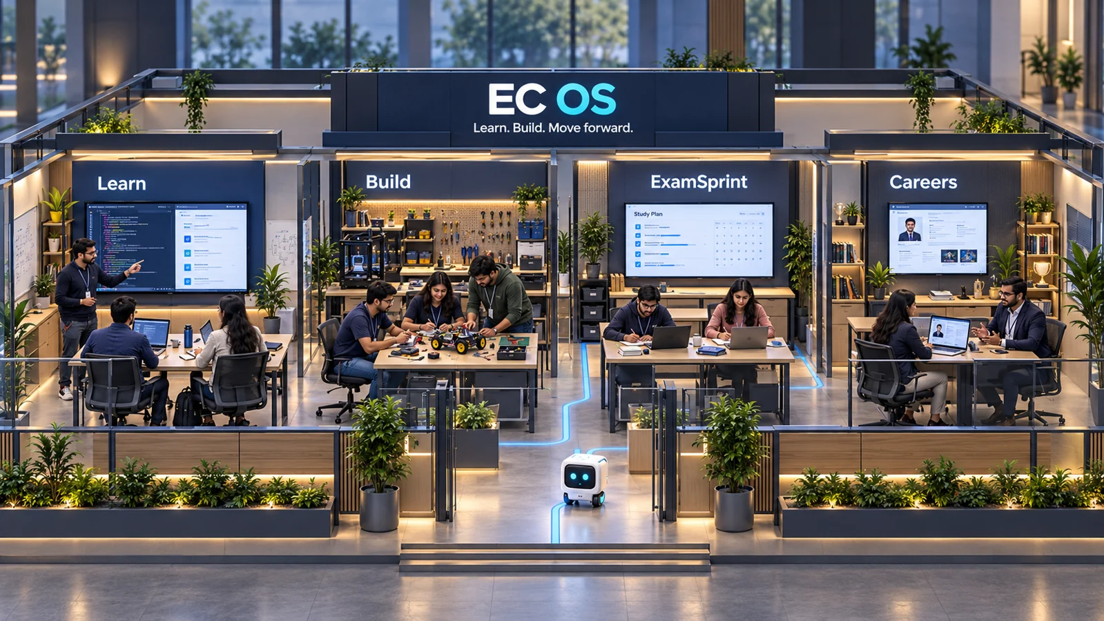 EC OS learning studio with Learn, Build, ExamSprint and Careers zones, with Compass Cubie guiding the entrance