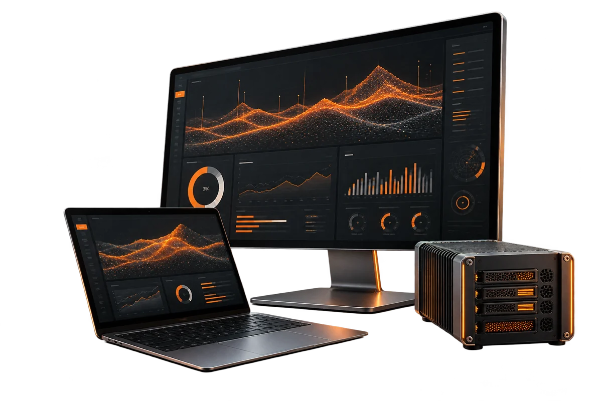 Graphite software workstation with monitor, laptop and server module